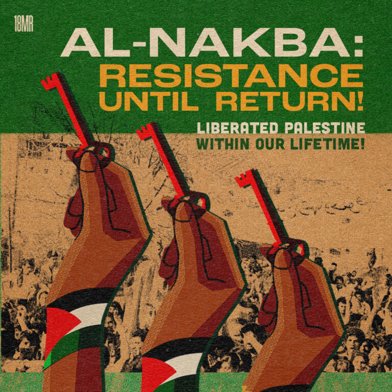 Mostly green textured graphic with an illustration of a dark-skinned hand holding a red 1940s style house key. There are three of them staggered down. In the background is an overexposed photo of a crowd. Text reads: Al-Nakba: Resistance Until Return! Liberated Palestine Within Our Lifetime!