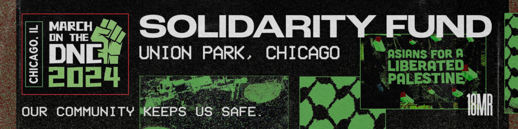 Mostly green and black duotone graphic. Text reads Solidarity Fund for March on DNC 2024. Union Park, Chicago. Our community keeps us safe.