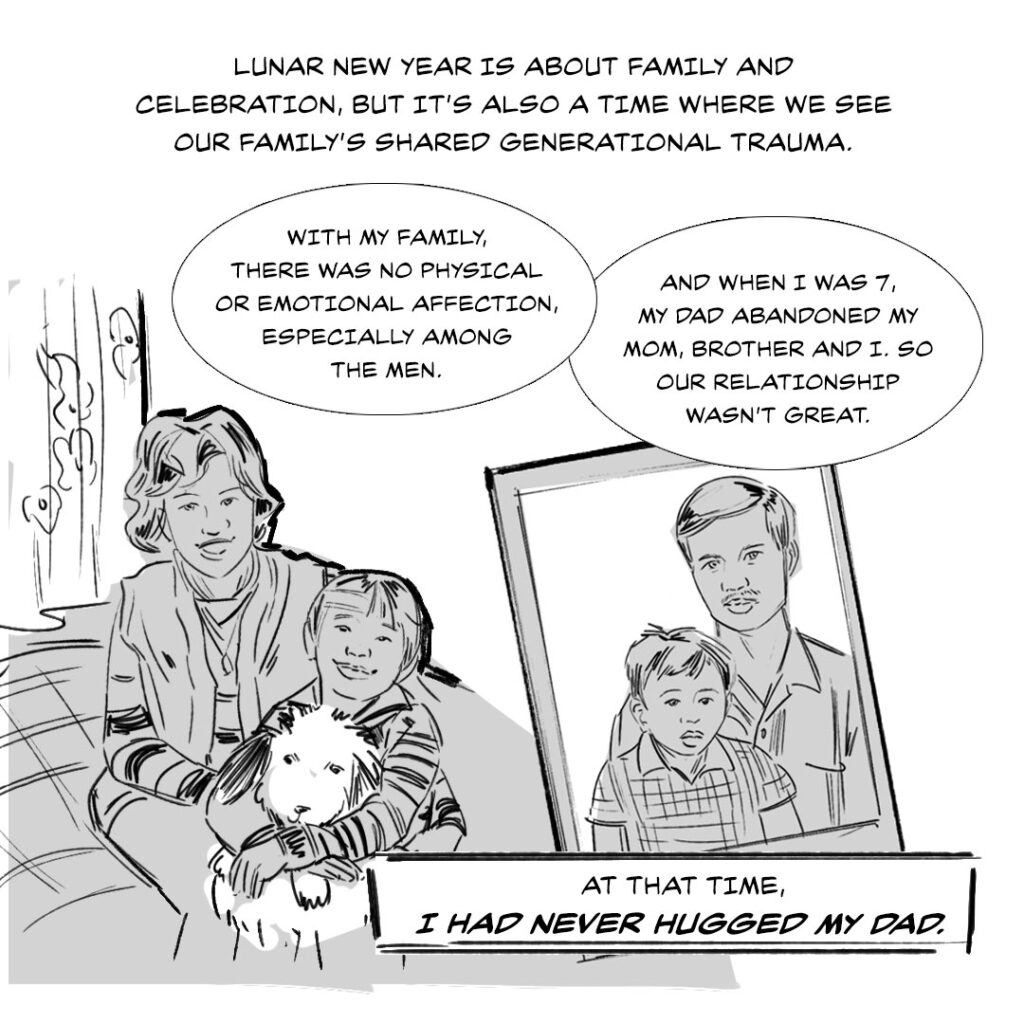 Greyscale comic image of Ke’s mother holding Ke as a child, who holds a dog plush. There is a polaroid with a child version of Ke and his dad in the photo. Text reads: Lunar New Year is about family and celebration, but it’s also a time where we see our family’s shared generational trauma. In text bubbles: With my family, there was no physical or emotional affection, especially among the men. And when I was 7, my dad abandoned my mom, brother, and I, so our relationship wasn’t great. At the time, I had never hugged my dad.