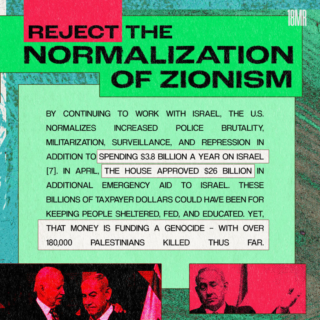 Graphic with teal and green background text. Header: “Reject the Normalization of Zionism”. Below green box black text: “By continuing to work with Israel, the U.S. normalizes increased police brutality, militarization, surveillance, and repression in addition to spending $3.8 billion a year on Israel. In April, the house approved $26 billion in additional emergency aid to Israel. These billions of taxpayer dollars could have been for keeping people sheltered fed and educated yet that money is funding a genocide with over 180,000 Palestinians killed thus far.” Bottom black and red image of Biden and Netanyahu. Black and red image of Netanyahu. 