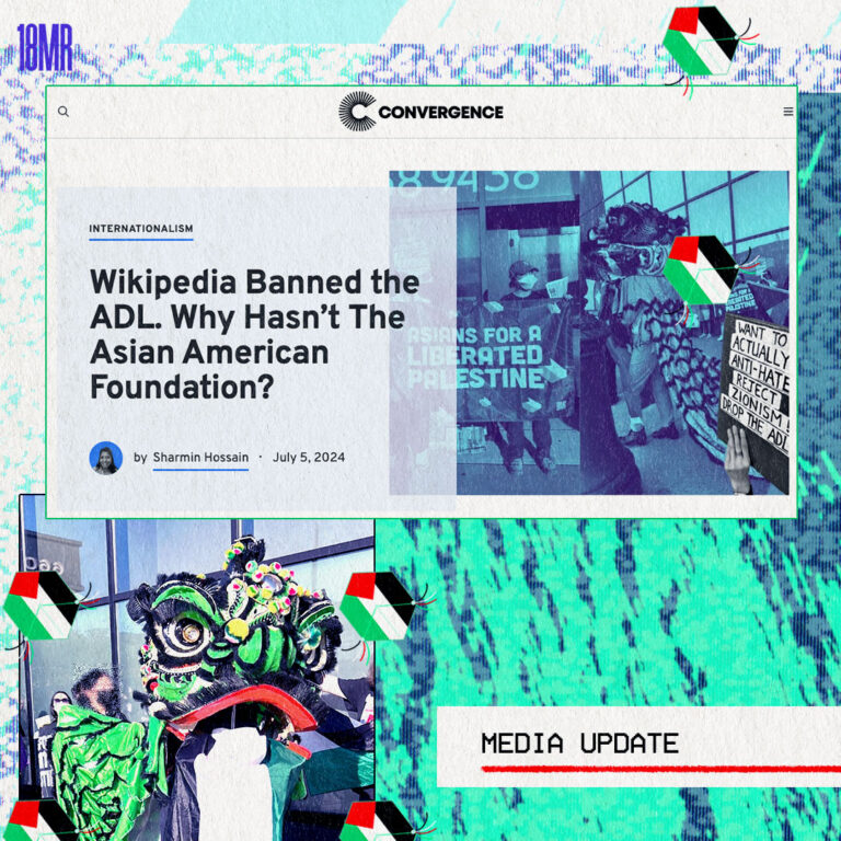 Graphic with teal and purple textured background. Kites with the palestinian flag illustrations. Article screenshot from Convergence mag reads: “Wikipedia Banned the ADL. Why Hasn’t The Asian American Foundation? By Sharmin Hossain July 5, 2024” Image of a lion dance from a rally. Text box below: media update